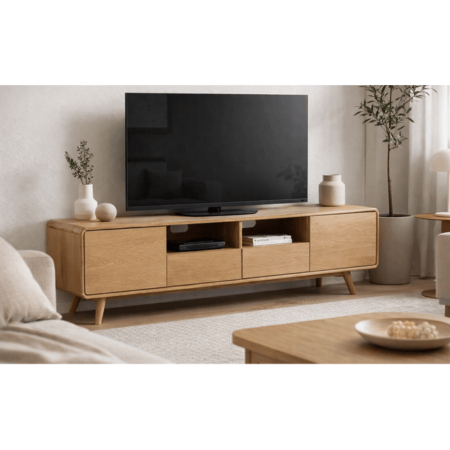 Darvin TV‑taso 180 cm avohyllyllä – tammi - #KalusteDuo_#Huonekaluliike_TV-taso
