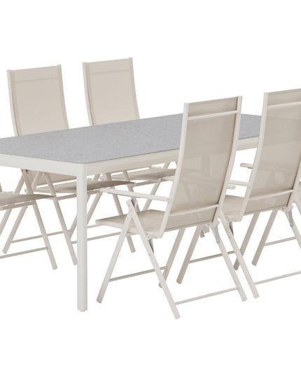 Lino pöytä - beige ja 6 Levanzo tuolia - beige - KalusteDuo_Huonekaluliike_Ruokailuryhmä ulkokäyttöön