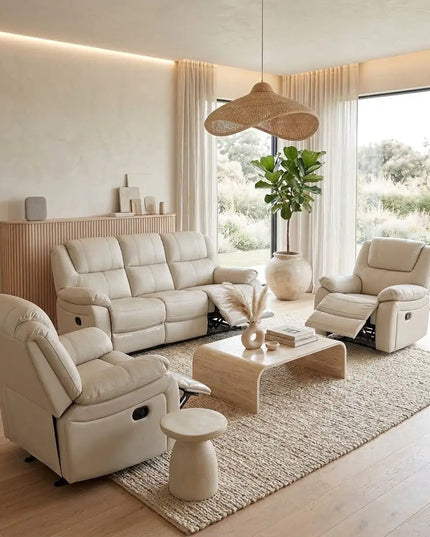 Relaxo – 3‑istuttava kermanvärinen recliner‑mekanismisohva nahalla - KalusteDuo_Huonekaluliike_recliner sohva