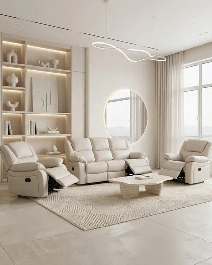 Relaxo – 3‑istuttava kermanvärinen recliner‑mekanismisohva nahalla - KalusteDuo_Huonekaluliike_recliner sohva