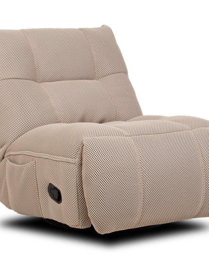 Vibe – beige recliner‑tuoli keinulla, 360° käännöllä ja puhelinpidikkeellä - #KalusteDuo_#Huonekaluliike_recliner tuoli