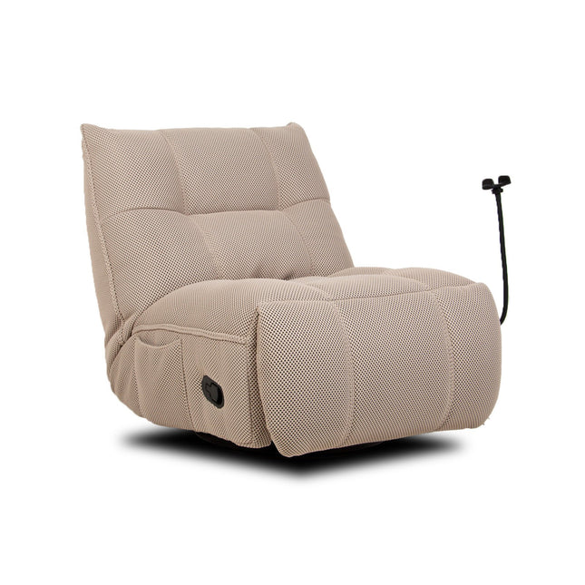 Vibe – beige recliner‑tuoli keinulla, 360° käännöllä ja puhelinpidikkeellä - #KalusteDuo_#Huonekaluliike_recliner tuoli