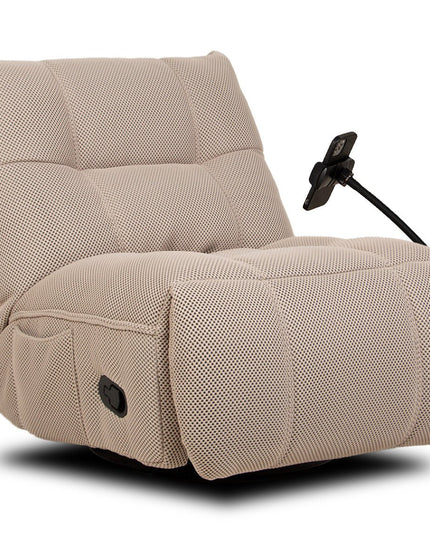 Vibe – beige recliner‑tuoli keinulla, 360° käännöllä ja puhelinpidikkeellä - #KalusteDuo_#Huonekaluliike_recliner tuoli