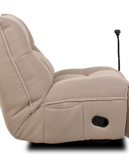 Vibe – beige recliner‑tuoli keinulla, 360° käännöllä ja puhelinpidikkeellä - #KalusteDuo_#Huonekaluliike_recliner tuoli
