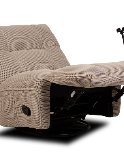 Vibe – beige recliner‑tuoli keinulla, 360° käännöllä ja puhelinpidikkeellä - #KalusteDuo_#Huonekaluliike_recliner tuoli