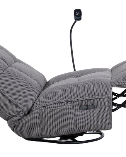 Vibe – harmaa recliner‑tuoli keinulla, 360° käännöllä ja puhelinpidikkeellä - #KalusteDuo_#Huonekaluliike_recliner tuoli