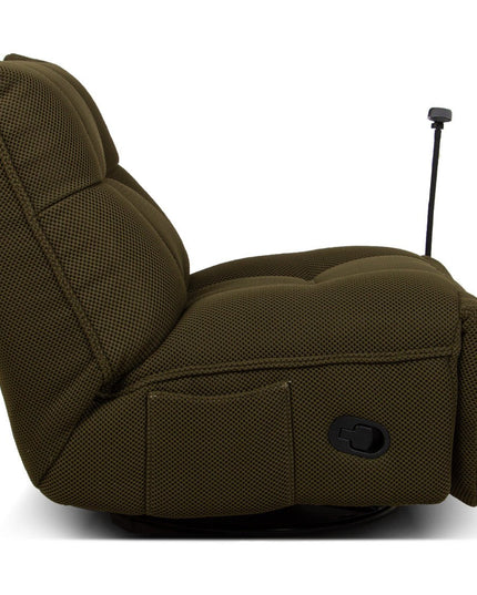 Vibe – vihreä recliner‑tuoli keinulla, 360° käännöllä ja puhelinpidikkeellä - #KalusteDuo_#Huonekaluliike_recliner tuoli