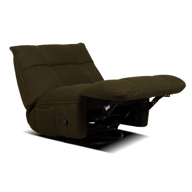 Vibe – vihreä recliner‑tuoli keinulla, 360° käännöllä ja puhelinpidikkeellä - #KalusteDuo_#Huonekaluliike_recliner tuoli