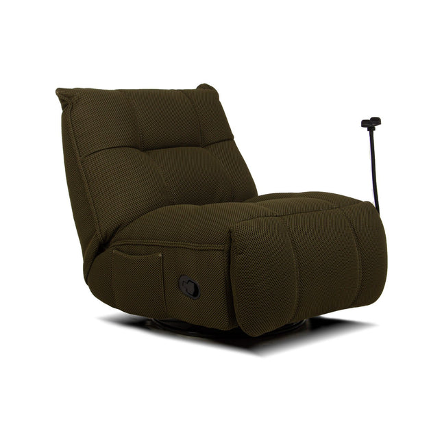 Vibe – vihreä recliner‑tuoli keinulla, 360° käännöllä ja puhelinpidikkeellä - #KalusteDuo_#Huonekaluliike_recliner tuoli